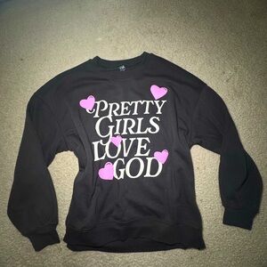 Pretty Girls Love God Dark Charcoal Grey Sweater w/ Pink Heart Details Oversized